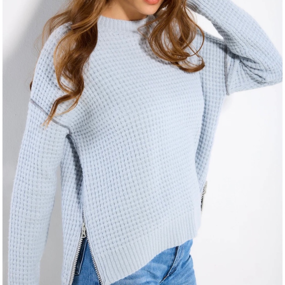 Lisa Todd Zip It Blue Crewneck Zipper Side Sweater Long Sleeve